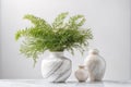 Green plant vase pot with marble background texture