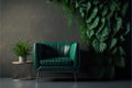Green plant wall background with leather armchair on empty concrete wall. Generative AI Royalty Free Stock Photo