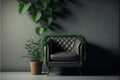 Green plant wall background with leather armchair on empty concrete wall. Generative AI Royalty Free Stock Photo