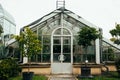 Winter garden orangery interior with evergreen tropical plants and monstera growing inside. Greenhouse with deciduous Royalty Free Stock Photo