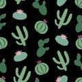 green plants cactus peyote seamless pattern on a black background vector