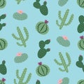 Green plants cactus peyote seamless pattern on a blue background