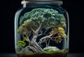 Green plants in a glass jar - ecosystem concept. AI genarated