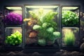 Green plants grow in small greenhouse with artificial lighting. Generative AI