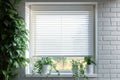 Green plants next to a window with white venetian blinds Ai photo Royalty Free Stock Photo
