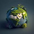 Green plants overgrowing globe on blue background, created using generative ai technology