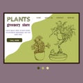 Green plants in pot sketch ink pen hand drawn template for web shop, vector illustration of bonsai tree and cactus for Royalty Free Stock Photo