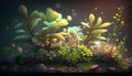 Green plants shining on the land of earth, close up bokeh with dark background. Generated AI