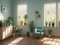 Green plants and soft lighting in the room interior adds a soothing and calming atmosphere.