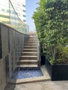 green plants by the steps of the swimming pool in the park Royalty Free Stock Photo