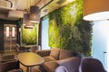Green plants wall ornamental design on the wall in eco coffee cafe