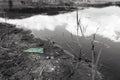 Green plastic bottle in monochrome lake shore