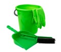 Green plastic bucket and a scoop isolated on white background Royalty Free Stock Photo