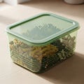 Green plastic container with a leaf design on the lid filled with Royalty Free Stock Photo