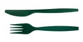 Green plastic cutlery fork and knife isolated on white background, clipping path included Royalty Free Stock Photo