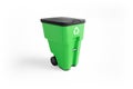 Green plastic garbage bin with recycling logo