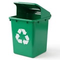 Green Plastic Recycling Bin with Lid Open and Recycling Symbol on White Background trash Royalty Free Stock Photo