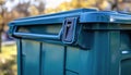 Green plastic storage box latch closeup showing locking mechanism