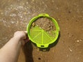 Green plastic tray or sieve in sand picking up shells and rocks Royalty Free Stock Photo