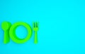 Green Plate, fork and knife icon isolated on blue background. Cutlery symbol. Restaurant sign. Minimalism concept. 3d Royalty Free Stock Photo