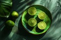 Green Plate With Limes and Lime Slices Royalty Free Stock Photo