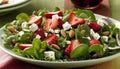 A green plate with a salad containing strawberries, spinach, almonds, and feta cheese