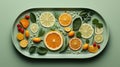 A green plate with various fruits and vegetables, AI