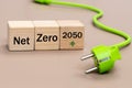 Green plug with a cable, and wooden blocks with the words Net zero 2050, Environmental concept, modern Energy generation,