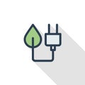 Green plug, Eco energy power socket thin line flat color icon. Linear vector symbol. Colorful long shadow design.