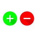 Green plus and red minus flat vector icons.Circle symbols add and delete button signs with long shadow illustration