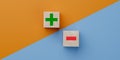 Green plus and red minus on wooden cubes. Concept of positive or negative decision. pros and cons concept. opposites concept. Royalty Free Stock Photo