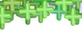 Green pluses or crosses. Top framing, copy space, design concept background. Abstract composition banner, realistic plastic toys,