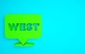 Green Pointer to wild west icon isolated on blue background. Western signboard, message board, signpost for finding way