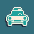 Green Police car and police flasher icon isolated on green background. Emergency flashing siren. Long shadow style Royalty Free Stock Photo