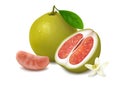 Green pomelo fruit with red pulp on white background