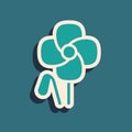 Green Poppy flower icon isolated on green background. Long shadow style. Vector