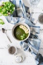 Green porridge in bawl with main ingredients: chia seeds, green, water Royalty Free Stock Photo