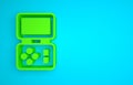Green Portable tetris electronic game icon isolated on blue background. Vintage style pocket brick game. Interactive