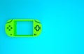 Green Portable video game console icon isolated on blue background. Gamepad sign. Gaming concept. Minimalism concept. 3d