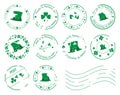 Green postage stamps with clovers and hat for saint patrick day Royalty Free Stock Photo