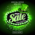 Green Poster, Banner or Flyer design of mega Sale on occasion of St. Patrick`s Day celebration.