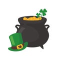 The green pot is full of gold coins. with good luck clover on st patrick festival Royalty Free Stock Photo