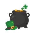 The green pot is full of gold coins. with good luck clover on st patrick festival Royalty Free Stock Photo