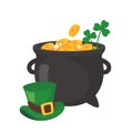 The green pot is full of gold coins. with good luck clover on st patrick festival Royalty Free Stock Photo