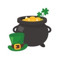 The green pot is full of gold coins. with good luck clover on st patrick festival Royalty Free Stock Photo