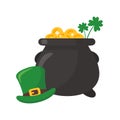 The green pot is full of gold coins. with good luck clover on st patrick festival Royalty Free Stock Photo