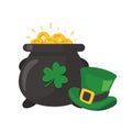 The green pot is full of gold coins. with good luck clover on st patrick festival Royalty Free Stock Photo