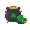 The green pot is full of gold coins. with good luck clover on st patrick festival Royalty Free Stock Photo