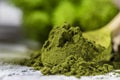 Green powder chlorella, spirulina on gray concrete background. Concept dieting, detox, healthy superfood, which contains protein Royalty Free Stock Photo