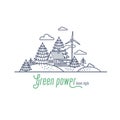 Green power concept thin line vector illustration. Windmill energy as an alternative electricity resource for a farm